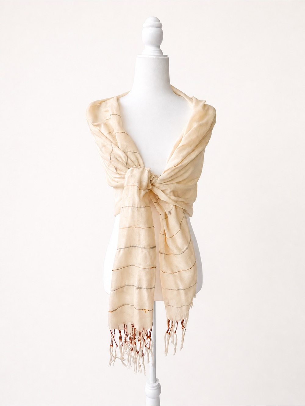 Handwoven Cream Scarf with Subtle Stripe Detail & Fringe